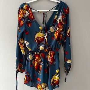 ONE CLOTHING Teal Floral Romper Dress Long Sleeve
